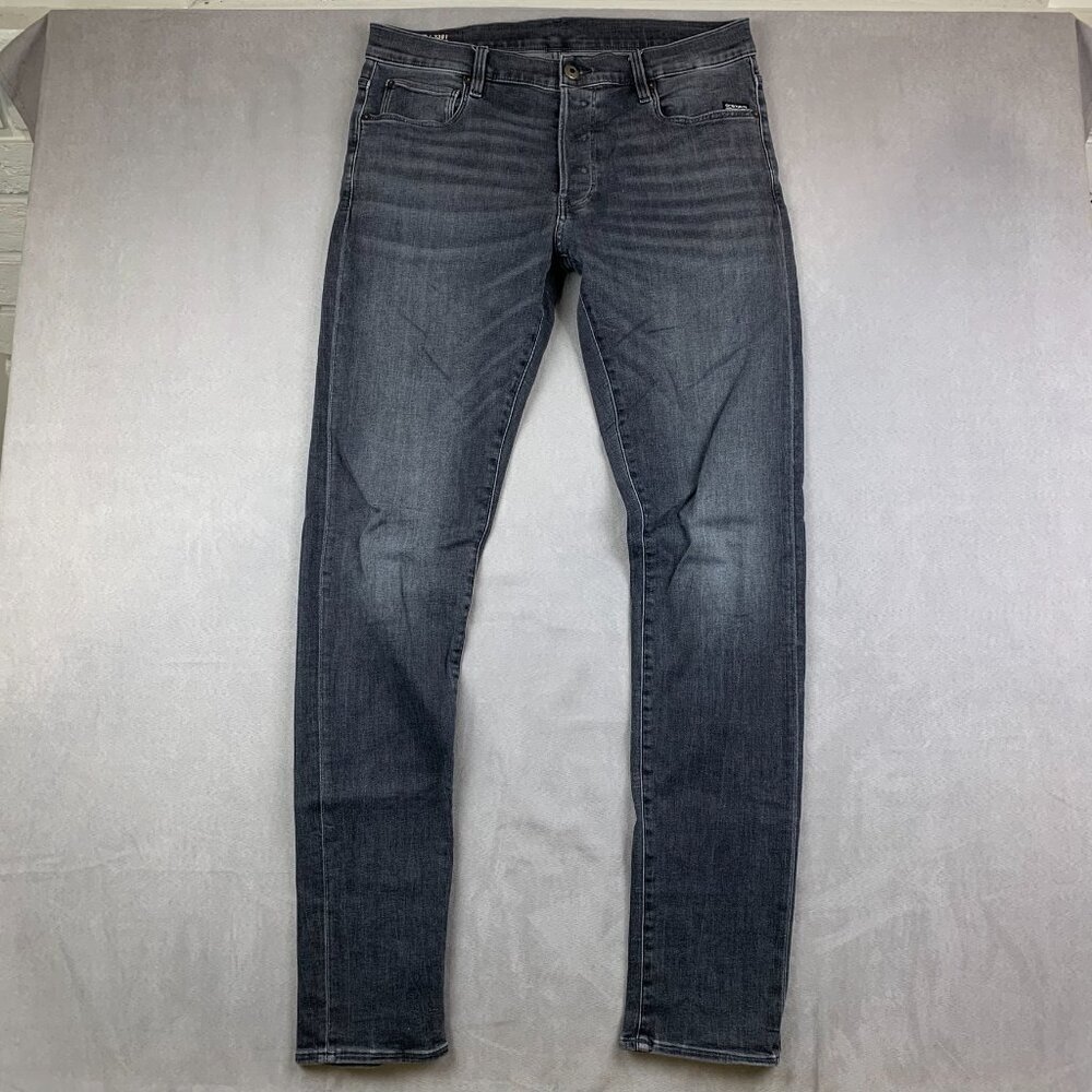 G Star Raw Mens Pants 34 Gray Denim Jeans 3301 Slim Button Fly Faded Tall 34x36